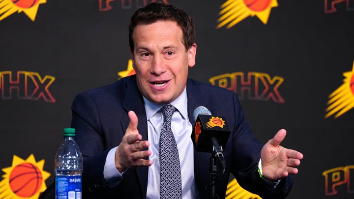 Suns owner Mat Ishbia speaks with the press during a news conference at Footprint Center in Phoenix on May 1, 2024.