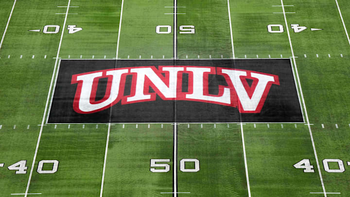 The UNLV Rebels logo at midfield during the Mountain West Championship at Allegiant Stadium.