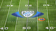 Dec 1, 2023; Las Vegas, NV, USA; The Pac-12 Conference logo at midfield at Allegiant Stadium. Mandatory Credit: Kirby Lee-Imagn Images