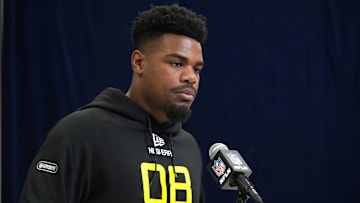 Feb 26, 2025; Indianapolis, IN, USA; Iowa linebacker Jay Higgins (LB08) during the 2025 NFL Scouting Combine at the Indiana Convention Center. Mandatory Credit: Kirby Lee-Imagn Images