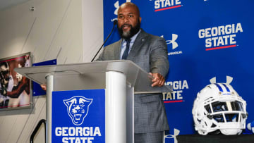 Feb 26, 2024; Atlanta, GA, USA; Georgia State Panthers head football coach Dell McGee addresses the media at the press conference announcing his hiring at Center Parc Stadium. Mandatory Credit: Dale Zanine-USA TODAY Sports