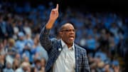 Nov 15, 2024; Chapel Hill, North Carolina, USA; North Carolina Tar Heels head coach Hubert Davis reacts in the first half at Dean E. Smith Center. Mandatory Credit: Bob Donnan-Imagn Images