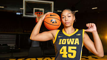 Hannah Stuelke stands for a photo during Iowa Women's Basketball media day at Carver Hawkeye arena in Iowa City, Oct. 14, 2025.