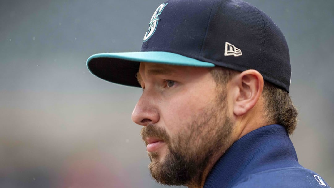 Apr 27, 2026; Minneapolis, Minnesota, USA; Seattle Mariners designated hitter Cal Raleigh (29) looks on from the dugout against the Minnesota Twins in the first inning at Target Field. Mandatory Credit: Jesse Johnson-Imagn Images
