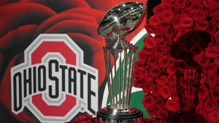 Dec 30, 2024; Los Angeles, CA, USA; The Leishman Trophy and Ohio State Buckeyes logo during Rose Bowl media day at Sheraton Grand LA. Mandatory Credit: Kirby Lee-Imagn Images