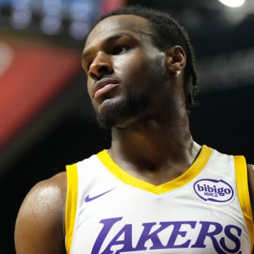 Jul 15, 2024; Las Vegas, NV, USA; Los Angeles Lakers guard Bronny James (9) competes against the Boston Celtics during the second half at Thomas & Mack Center. Mandatory Credit: Lucas Peltier-USA TODAY Sports