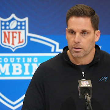 Feb 25, 2025; Indianapolis, IN, USA; Carolina Panthers general manager Dan Morgan speaks during the NFL Scouting Combine at the Indiana Convention Center. Mandatory Credit: Kirby Lee-Imagn Images