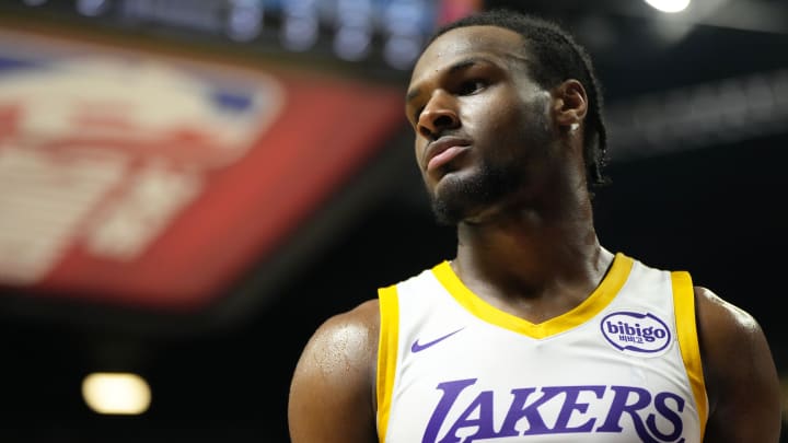 Jul 15, 2024; Las Vegas, NV, USA; Los Angeles Lakers guard Bronny James (9) competes against the Boston Celtics during the second half at Thomas & Mack Center. Mandatory Credit: Lucas Peltier-USA TODAY Sports