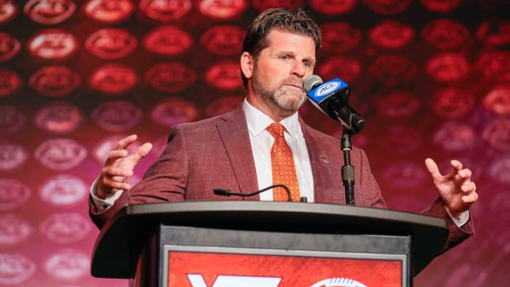 Jul 26, 2023; Charlotte, NC, USA;  Virginia Tech head coach Brent Pry answers questions from the media during the ACC 2023 Kickoff at The Westin Charlotte. Mandatory Credit: Jim Dedmon-USA TODAY Sports