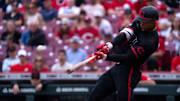 Cincinnati Reds outfielder Will Benson (30) hits a 3-run home run in the second inning of the MLB game between Cincinnati Reds and Cleveland Guardians at Great American Ball Park in Cincinnati on Friday, May 16, 2025.