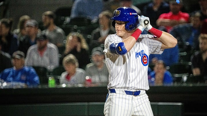 Iowa Cubs' Owen Caissie (17) swings at the ball on Friday, March 28, 2025, at Principal Park in Des Moines.