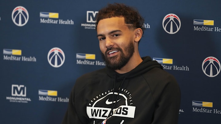 Feb 24, 2026; Atlanta, Georgia, USA; Washington Wizards guard Trae Young (3) meets with the media during his first return to play the Atlanta Hawks at State Farm Arena. Mandatory Credit: Dale Zanine-Imagn Images