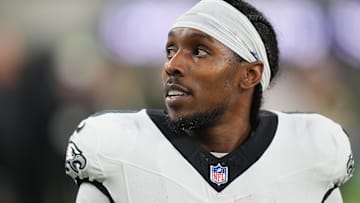 Dec 8, 2025; Inglewood, California, USA; Philadelphia Eagles cornerback Adoree' Jackson (8) looks on before the game against the Los Angeles Chargers at SoFi Stadium. 