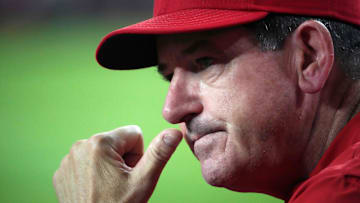 Aug 8, 2024; Phoenix, Arizona, USA; Philadelphia Phillies manager Rob Thomson (59) looks on against the Arizona Diamondbacks during the first inning at Chase Field. Mandatory Credit: Joe Camporeale-Imagn Images