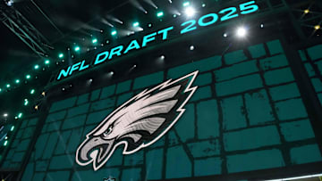 Apr 24, 2025; Green Bay, WI, USA; The Philadelphia Eagles logo is projected on the video board during the NFL Draft at Lambeau Field. Mandatory Credit: Kirby Lee-Imagn Images