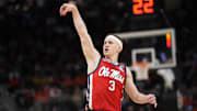 Mar 23, 2025; Milwaukee, WI, USA;  Mississippi Rebels guard Sean Pedulla (3) shoots against the Iowa State Cyclones during the first half in the second round of the NCAA Tournament at Fiserv Forum. Mandatory Credit: Jeff Hanisch-Imagn Images