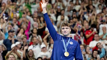 Aug 4, 2024; Nanterre, France; Bobby Finke (USA) in the men’s 1,500-meter freestyle medal ceremony during the Paris 2024 Olympic Summer Games at Paris La Défense Arena. Mandatory Credit: Grace Hollars-USA TODAY Sports