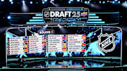 Jun 27, 2025; Los Angeles, California, USA; The draft board is seen following the first round of the 2025 NHL Draft at Peacock Theater. Mandatory Credit: Kirby Lee-Imagn Images