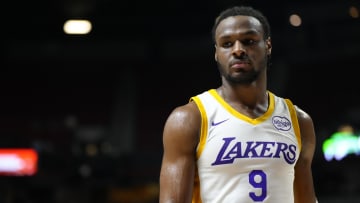 Jul 15, 2024; Las Vegas, NV, USA; Los Angeles Lakers guard Bronny James (9) competes against the Boston Celtics during the second half at Thomas & Mack Center. Mandatory Credit: Lucas Peltier-USA TODAY Sports