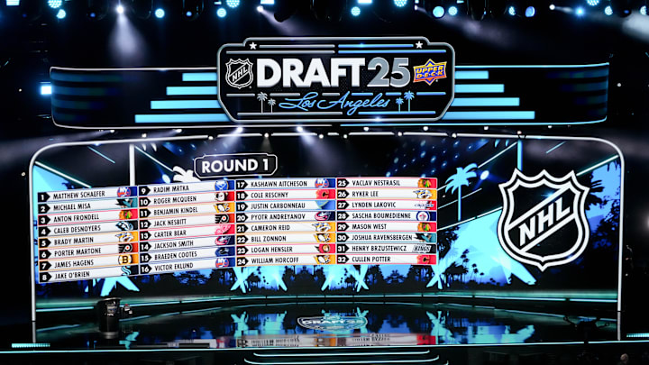 Jun 27, 2025; Los Angeles, California, USA; The draft board is seen following the first round of the 2025 NHL Draft at Peacock Theater. Mandatory Credit: Kirby Lee-Imagn Images