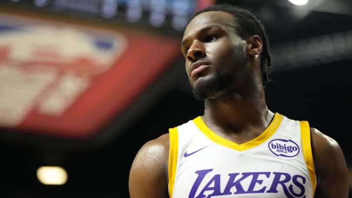 Jul 15, 2024; Las Vegas, NV, USA; Los Angeles Lakers guard Bronny James (9) competes against the Boston Celtics during the second half at Thomas & Mack Center. 