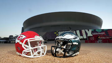 Feb 7, 2025; New Orleans, LA, USA; A general overall view of Kansas City Chiefs and Philadelphia Eagles helmets at the Caesars Superdome, the site of the Super Bowl LIX between the Kansas City Chiefs and the Philadelphia Eagles. Mandatory Credit: Kirby Lee-Imagn Images