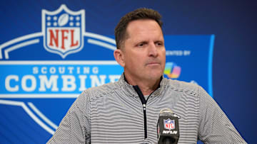 Feb 25, 2025; Indianapolis, IN, USA; Denver Broncos general manager George Paton speaks during the NFL Scouting Combine at the Indiana Convention Center. Mandatory Credit: Kirby Lee-Imagn Images