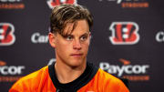 Cincinnati Bengals quarterback Joe Burrow (9) looks on during a press conference after at the IEL Indoor Facility in Cincinnati on Tuesday, June 11, 2024.