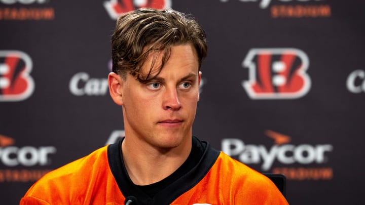 Cincinnati Bengals quarterback Joe Burrow (9) looks on during a press conference after at the IEL Indoor Facility in Cincinnati on Tuesday, June 11, 2024.