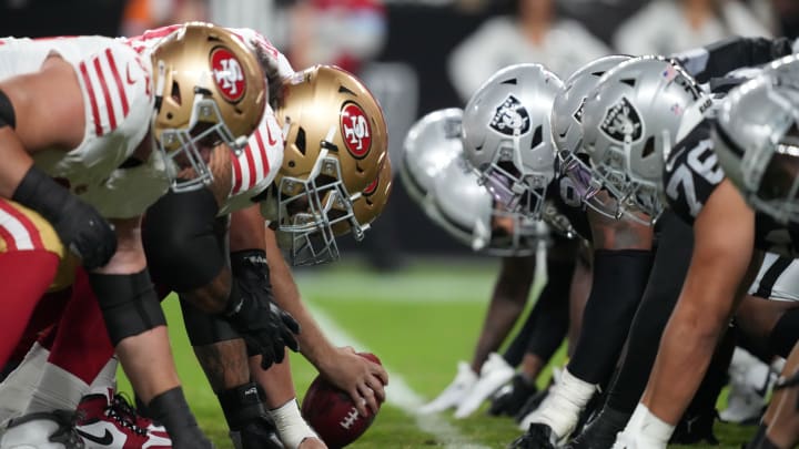 Aug 23, 2024; Paradise, Nevada, USA; A general overall view of San Francisco 49ers and Las Vegas Raiders helmets at the line of scrimmage at Allegiant Stadium. Mandatory Credit: Kirby Lee-USA TODAY Sports