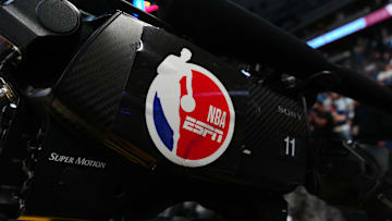 General view of ESPN broadcast camera during a game between the Minnesota Timberwolves and Denver Nuggets at Ball Arena.
