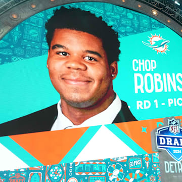 Penn State Nittany Lions defensive end Chop Robinson is selected as the No. 22 pick of the first round by the Miami Dolphins during the 2024 NFL Draft at Campus Martius Park and Hart Plaza.