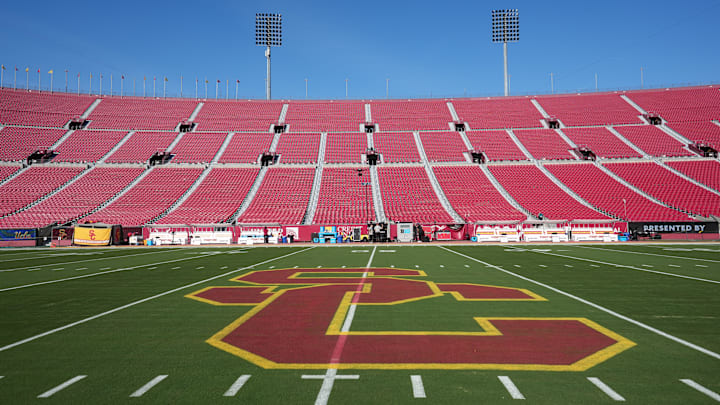 Nov 29, 2025; Los Angeles, California, USA; The Southern California Trojans logo at midifeld at United Airlines Field at Los Angeles Memorial Coliseum. Mandatory Credit: Kirby Lee-Imagn Images