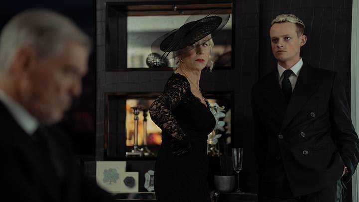 Helen Mirren as Maeve Harrigan and Anson Boon as Eddie Harrigan in episode 5 of MobLand. Photo Credit: Luke Varley/Paramount+