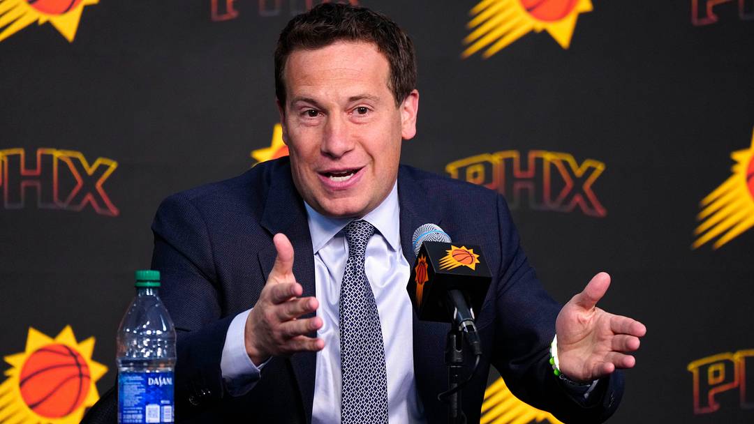 Suns owner Mat Ishbia speaks with the press during a news conference at Footprint Center in Phoenix on May 1, 2024.