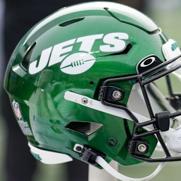 Aug 12, 2023; Charlotte, North Carolina, USA; New York Jets helmet during the second quarter against the Carolina Panthers at Bank of America Stadium. Mandatory Credit: Jim Dedmon-Imagn Images