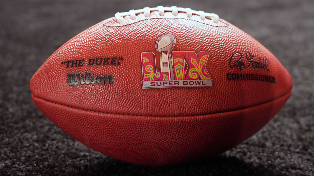 An official Duke football with the Super Bowl LIX logo.