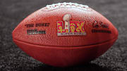 An official Duke football with the Super Bowl LIX logo.