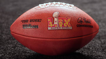 An official Duke football with the Super Bowl LIX logo.