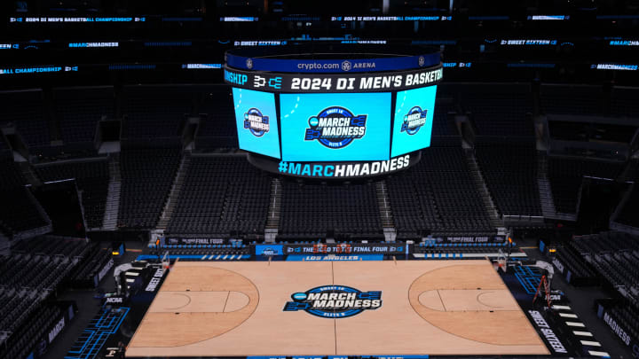 Mar 27, 2024; Los Angeles, CA, USA; A general overall view of the Crypto.com Arena with the March Madness insignia.