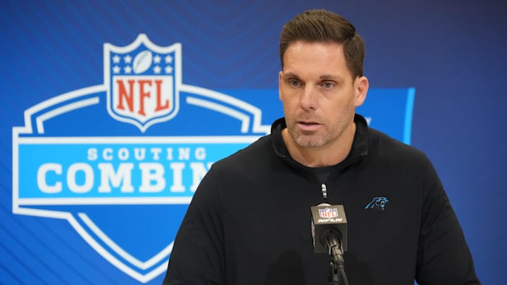 Feb 25, 2025; Indianapolis, IN, USA; Carolina Panthers general manager Dan Morgan speaks during the NFL Scouting Combine at the Indiana Convention Center.