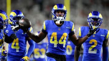 Sep 25, 2023; Cincinnati, Ohio, USA; Los Angeles Rams cornerback Ahkello Witherspoon (44) celebrates an interception in the fourth quarter during a Week 3 NFL football game between the Los Angeles Rams and the Cincinnati Bengals at Paycor Stadium. Mandatory Credit: Kareem Elgazzar-USA TODAY Sports