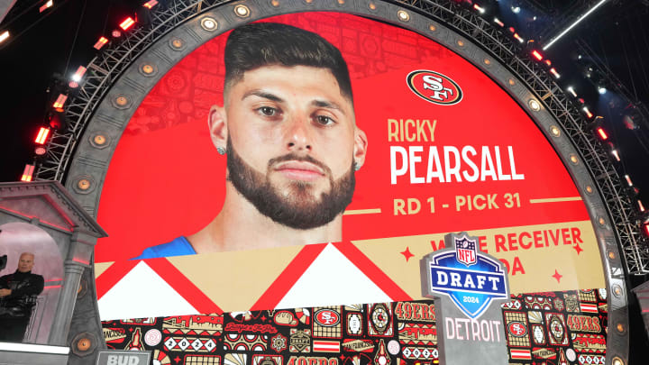 Apr 25, 2024; Detroit, MI, USA; Florida Gators wide receiver Ricky Pearsall is selected as the No. 31 pick of the first round by the San Francisco 49ers during the 2024 NFL Draft at Campus Martius Park and Hart Plaza. Mandatory Credit: Kirby Lee-USA TODAY Sports