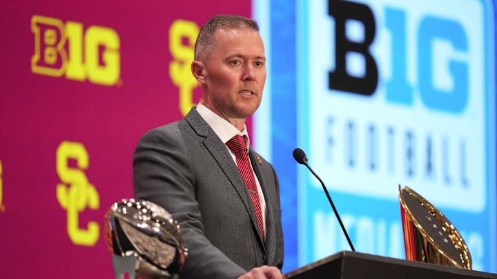 Jul 24, 2025; Las Vegas, NV, USA; USC head coach Lincoln Riley speaks to the media during the Big Ten NCAA college football media days at Mandalay Bay Resort. Mandatory Credit: Lucas Peltier-Imagn Images