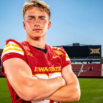 Kyle Konrardy stands for a photo during Iowa State Football media day at Jack Trice Stadium in Ames, Friday, Aug. 2, 2024.