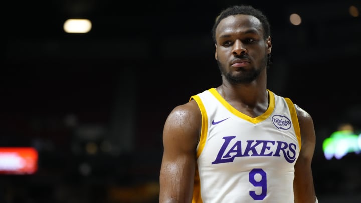 Jul 15, 2024; Las Vegas, NV, USA; Los Angeles Lakers guard Bronny James (9) competes against the Boston Celtics during the second half at Thomas & Mack Center. Mandatory Credit: Lucas Peltier-USA TODAY Sports