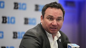 Jul 24, 2025; Las Vegas, NV, USA; Michigan State head coach Jonathan Smith speaks to the media during the Big Ten NCAA college football media days at Mandalay Bay Resort. Mandatory Credit: Lucas Peltier-Imagn Images