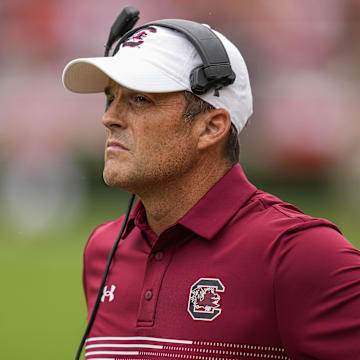 Sep 16, 2023; Athens, Georgia, USA; South Carolina Gamecocks head coach Shane Beamer shown during the game against the Georgia Bulldogs during the first half at Sanford Stadium. Mandatory Credit: Dale Zanine-Imagn Images