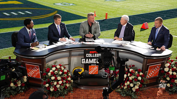 Jan 1, 2024; Pasadena, CA, USA; From left: Desmond Howard, Rece Davis, Pat McAfee, Lee Corso and Kirk Herbstreit on ESPN 