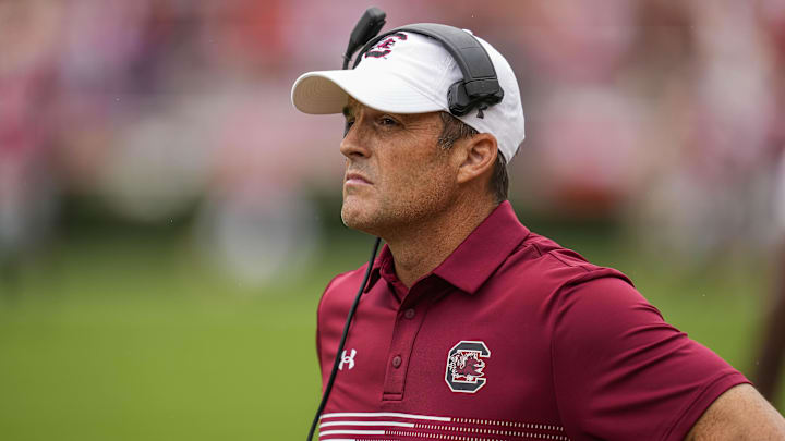 Sep 16, 2023; Athens, Georgia, USA; South Carolina Gamecocks head coach Shane Beamer shown during the game against the Georgia Bulldogs during the first half at Sanford Stadium. Mandatory Credit: Dale Zanine-Imagn Images